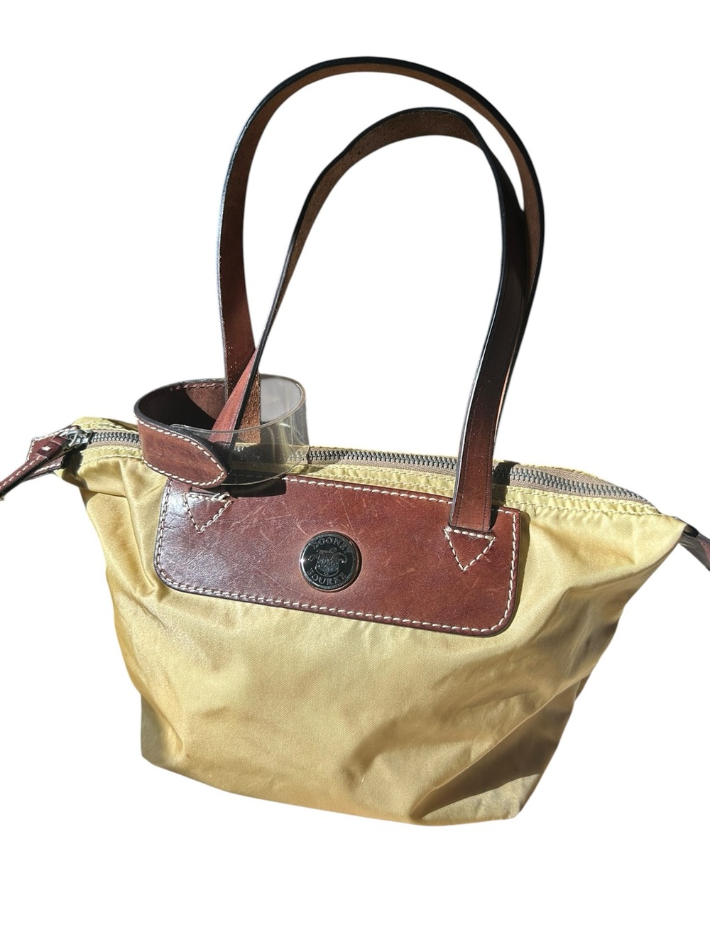 Dooney & Bourke Tan Nylon W/ Brown Leather Strap Zip Top Travel Bag